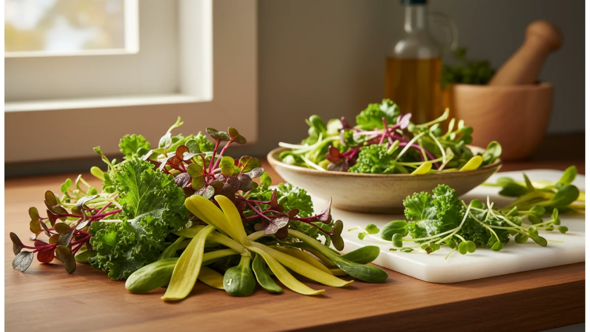 Assorted microgreens on a kitchen counter, showing tender leaves of radish, kale, and sunflower, emphasizing high vitamins, minerals, and antioxidants in small greens. 