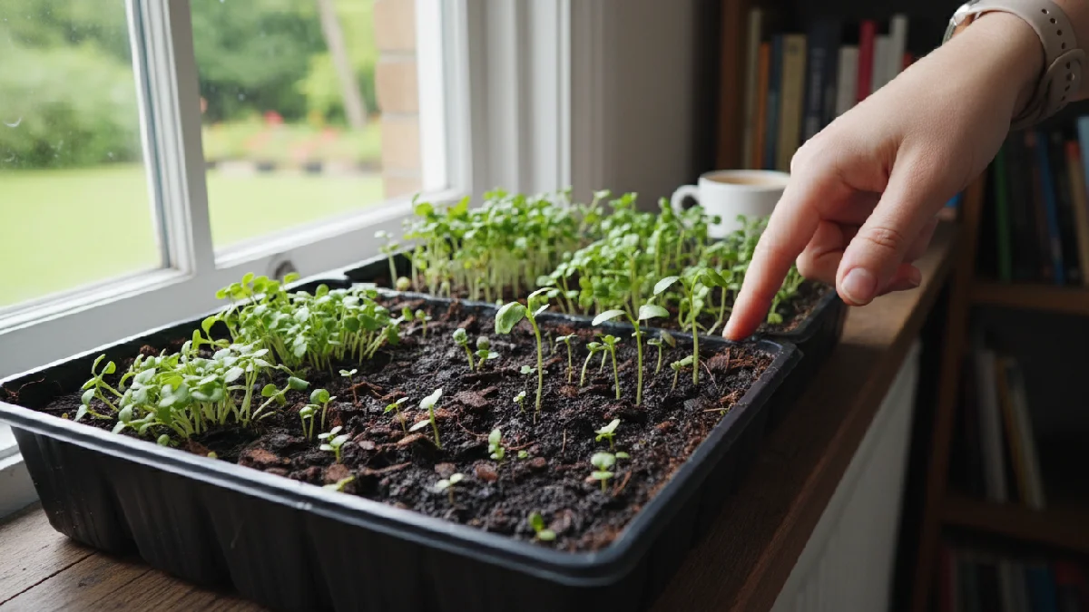 Microgreens tray showing uneven germination, some seedlings taller, others just sprouting, indoor windowsill setup, beginner watching daily growth, highlighting natural variation in growth.