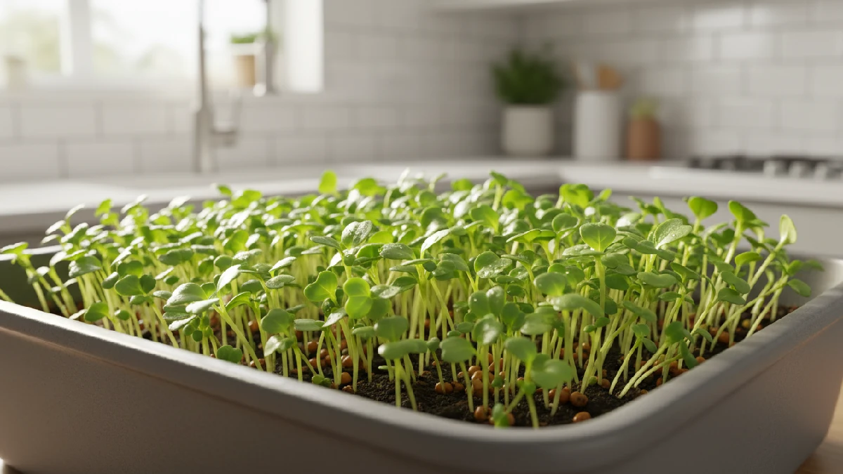 Fresh microgreens growing in a shallow soil tray indoors, showing 1 to 3-inch-tall green seedlings with true leaves above the surface near a bright kitchen window for home gardening beginners. 