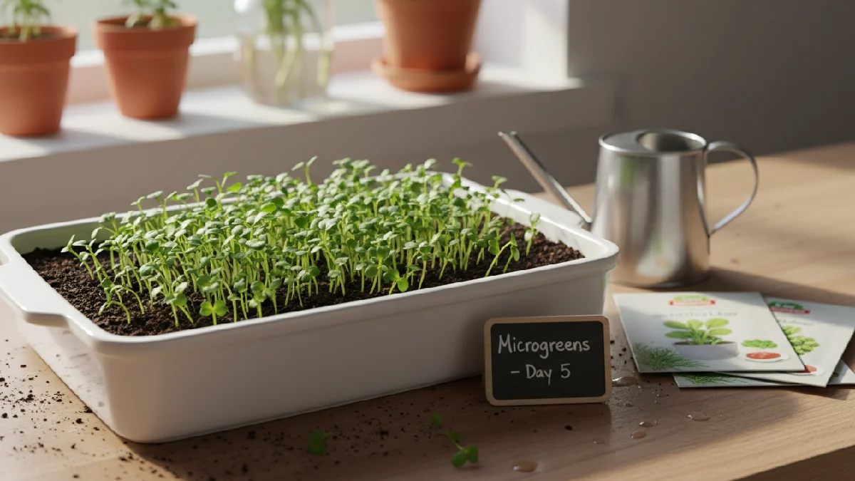 Tiny microgreens plants sprouting from soil in a shallow tray indoors, vibrant green leaves emerging, sunlight hitting leaves, ideal for home microgreens gardening for beginners.