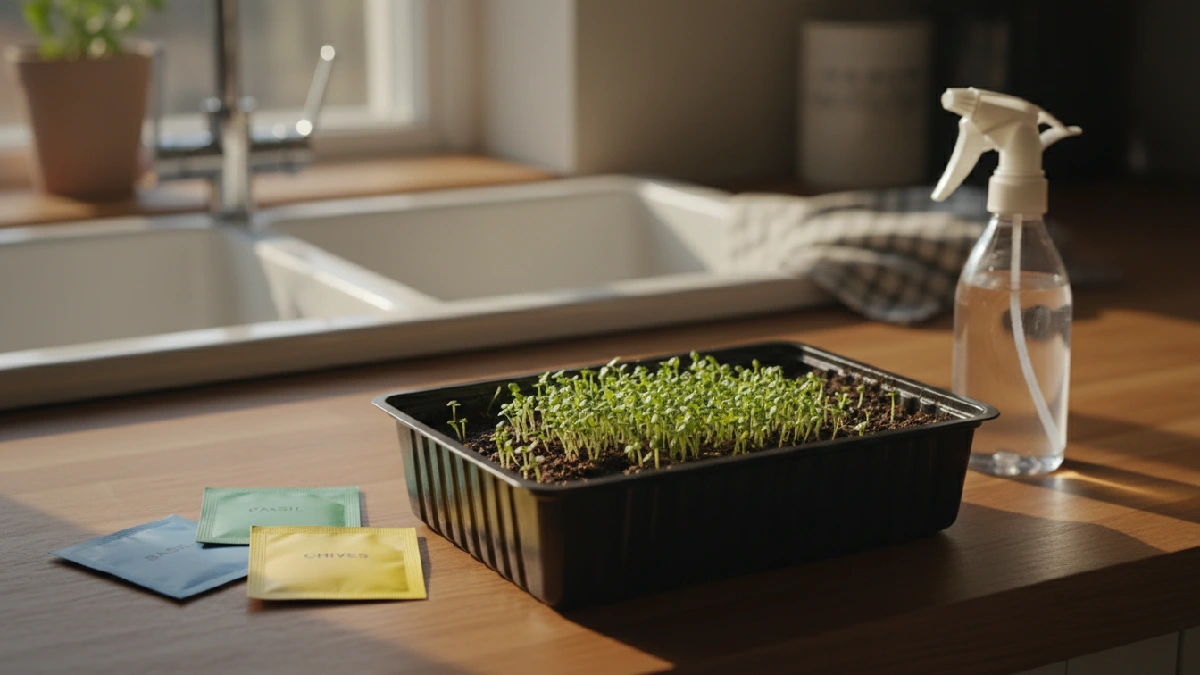 Tray with soft growing medium, tiny microgreen seeds scattered, spray bottle nearby, sunlight touching small leaves; kitchen setup for easy, fresh, beginner-friendly indoor microgreens.