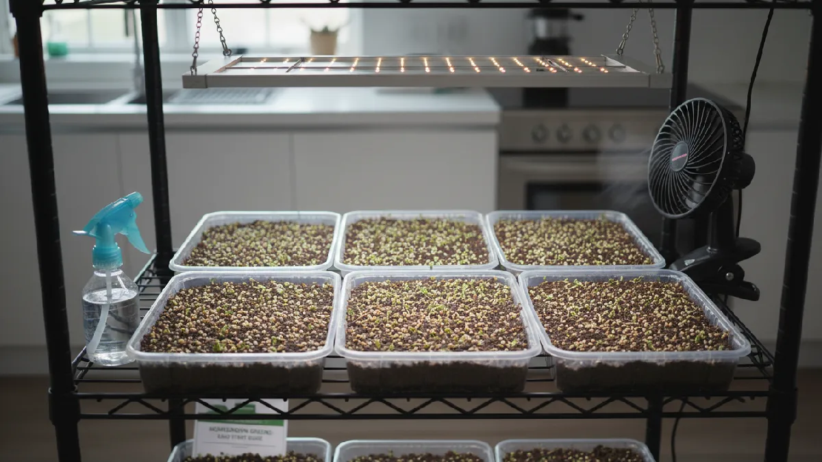 Shallow indoor trays with soil and microgreen seeds, a spray bottle for misting, LED light, and a small fan for airflow, creating a beginner-friendly setup for growing fresh greens indoors. 