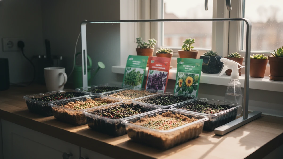 Indoor microgreens growing setup showing shallow trays, soil or coconut coir, seed packets, spray bottle, and LED grow light on a counter, demonstrating how microgreens can be grown easily in small indoor spaces.
