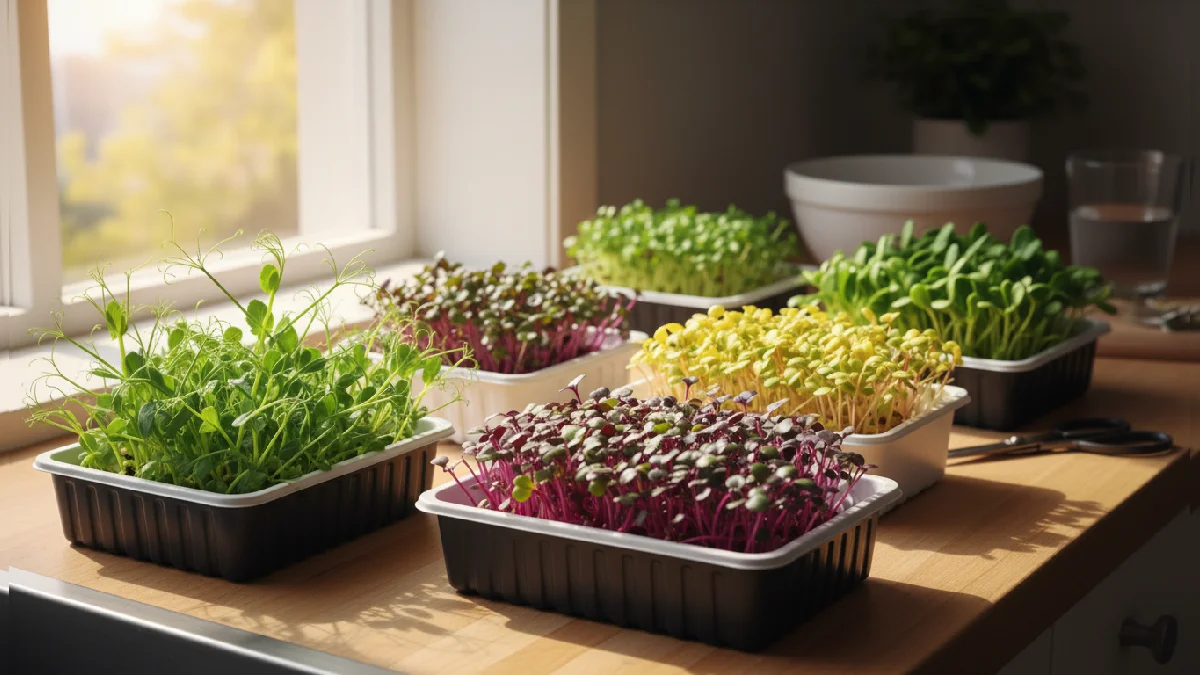 Multiple trays of vibrant microgreens on a kitchen counter, showing fresh radish, kale, and sunflower leaves, emphasizing fast growth, easy care, and home nutrition. 