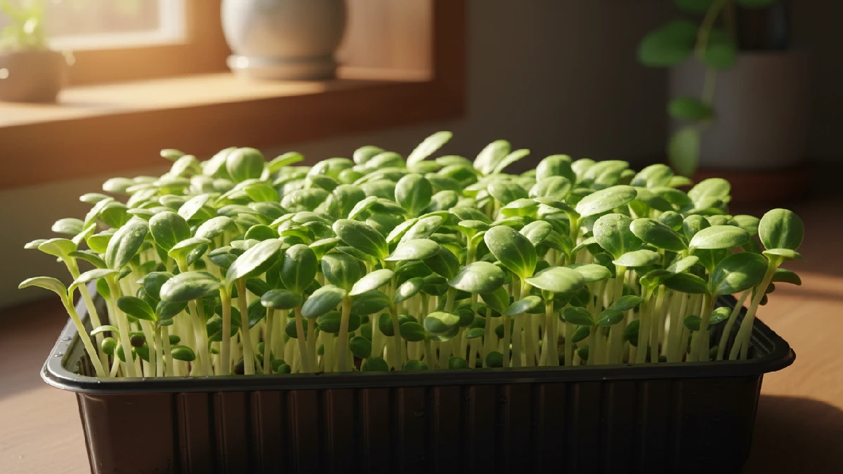 Shallow tray filled with sunflower microgreens, sturdy thick stems, bright green tender leaves, grown indoors with sunlight, ready for harvesting, packed with nutrients and vibrant color. 