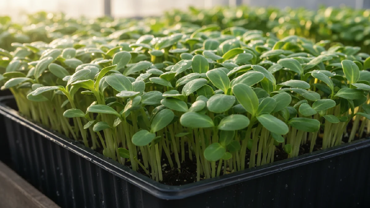 Sunflower microgreens growing in a shallow tray, thick stems and wide green leaves, receiving gentle sunlight; tender, crunchy, nutty flavor, ready to harvest in 7to 10 days.
