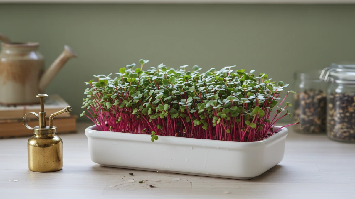 Beet microgreens with bright pink stems and deep green leaves growing in an indoor tray, showing mild earthy flavor, vibrant color, steady light care, and nutrient-rich shoots ready for fresh home meals. 