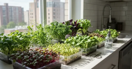 Collection of colorful microgreens growing indoors on a bright windowsill, including radish, broccoli, sunflower, pea shoots, kale, and beet, showcasing a beginner-friendly home gardening setup with fresh, healthy green leaves.