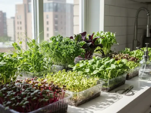 Collection of colorful microgreens growing indoors on a bright windowsill, including radish, broccoli, sunflower, pea shoots, kale, and beet, showcasing a beginner-friendly home gardening setup with fresh, healthy green leaves.