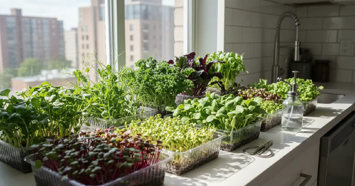 Collection of colorful microgreens growing indoors on a bright windowsill, including radish, broccoli, sunflower, pea shoots, kale, and beet, showcasing a beginner-friendly home gardening setup with fresh, healthy green leaves.