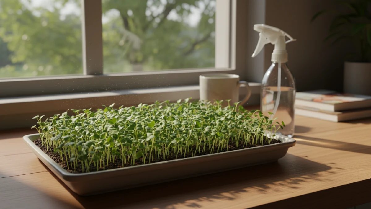 A shallow tray of freshly sprouting microgreens is placed on a sunny kitchen counter near a window, with a spray bottle for watering nearby. 