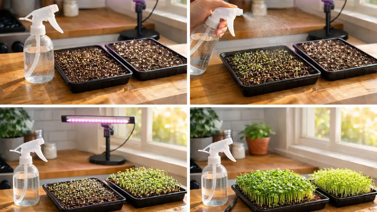 Indoor microgreens growing process displayed step by step using shallow trays, soil, proper lighting, misting, and fresh harvested greens in a home kitchen setup. 