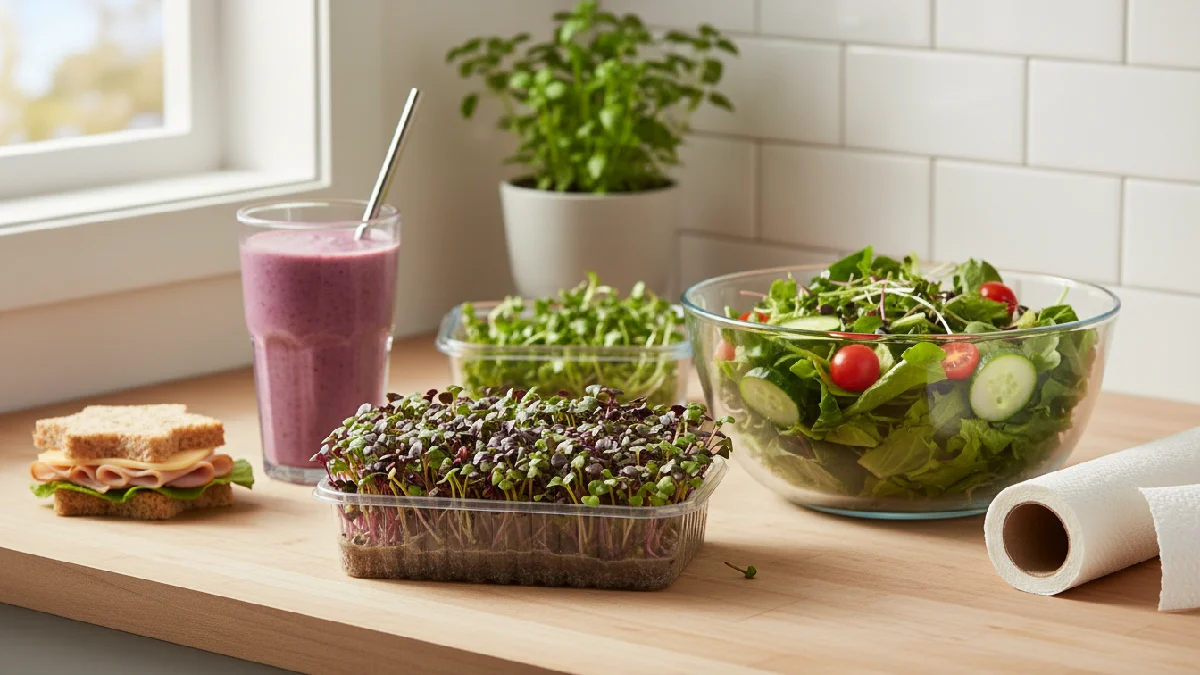 Fresh microgreens grown on a kitchen counter, showing the results of growing microgreens at home, used on salads and sandwiches with bright, healthy green leaves.