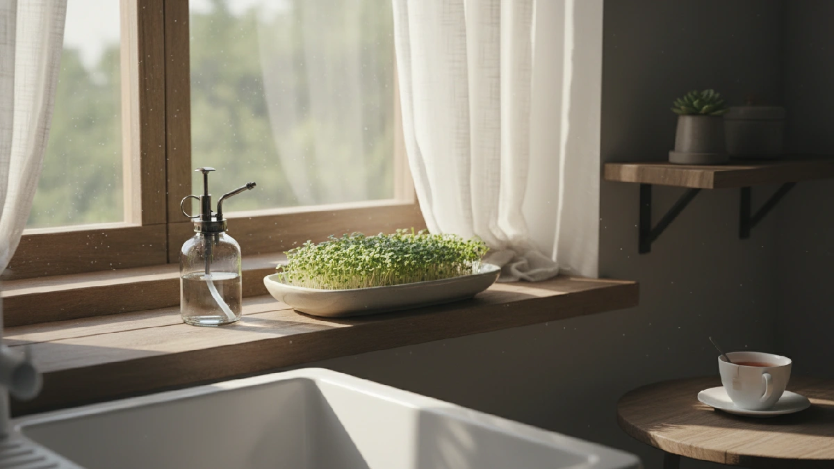 A shallow tray of tiny green microgreens growing near a sunny kitchen window, with a spray bottle for watering, creates a calm and fresh indoor gardening scene. 