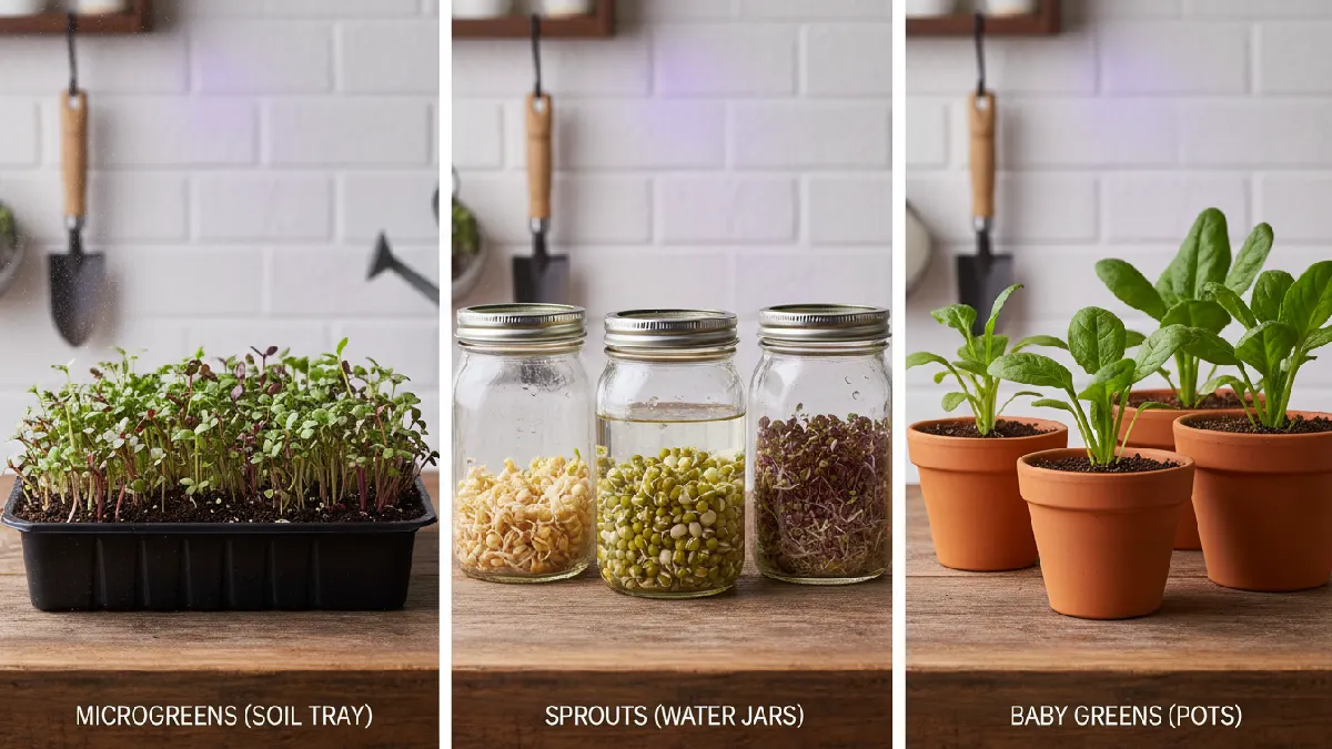 Comparison of microgreens, sprouts, and baby greens showing differences in growing methods, size, nutrition, and harvest stages for beginners choosing the best option. 