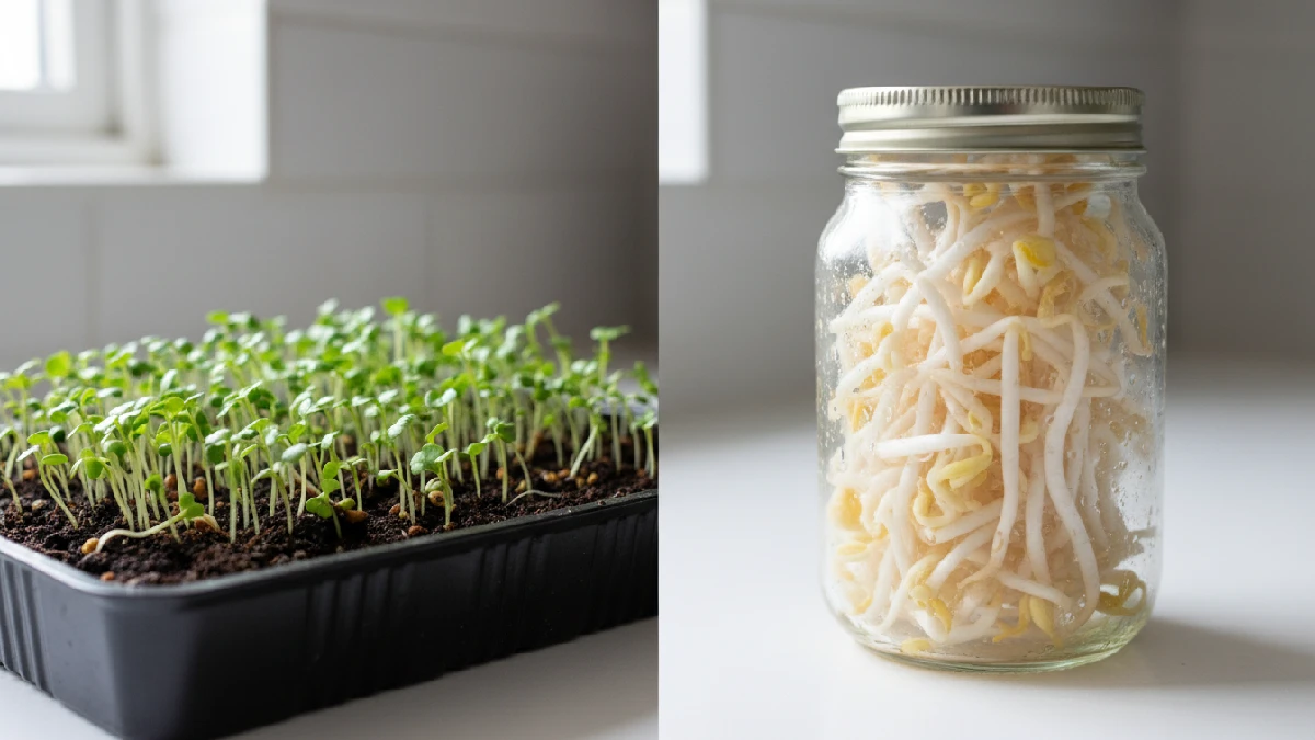 Side-by-side comparison of green microgreens growing in a soil tray with visible leaves above the surface and white sprouts growing inside a glass jar with water, showing texture and growth differences in a kitchen setting. 
