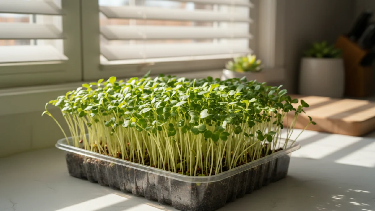 Mustard microgreens with thin stems and bright green leaves growing indoors, showing fast sprouting spicy shoots that are ready to harvest in under ten days for salads and sandwiches. 
