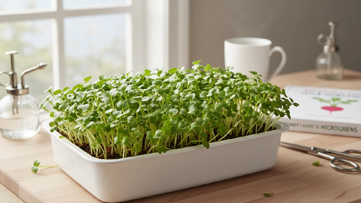 Radish microgreens growing indoors in a shallow tray with bright green leaves and thin stems, showing fast growth, spicy flavor, easy beginner care, and ready-to-harvest greens within seven to ten days. 