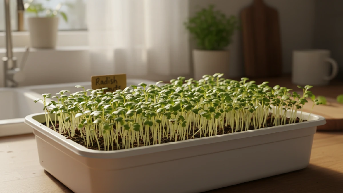 Radish microgreens growing quickly indoors in a shallow tray, showing crisp bright green leaves and tender stems, ready for harvest in seven to ten days for fresh healthy meals. 