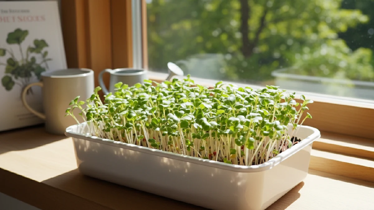 Fresh radish microgreens growing indoors in a shallow tray on a windowsill, showing bright green leaves and thin stems, highlighting fast growth, easy care, and nutritious homegrown microgreens for beginners.