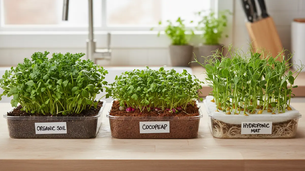 Microgreens growing in soil, cocopeat, and hydroponic mats inside shallow trays, comparing different growing mediums for moisture retention, root support, and beginner-friendly indoor cultivation. 