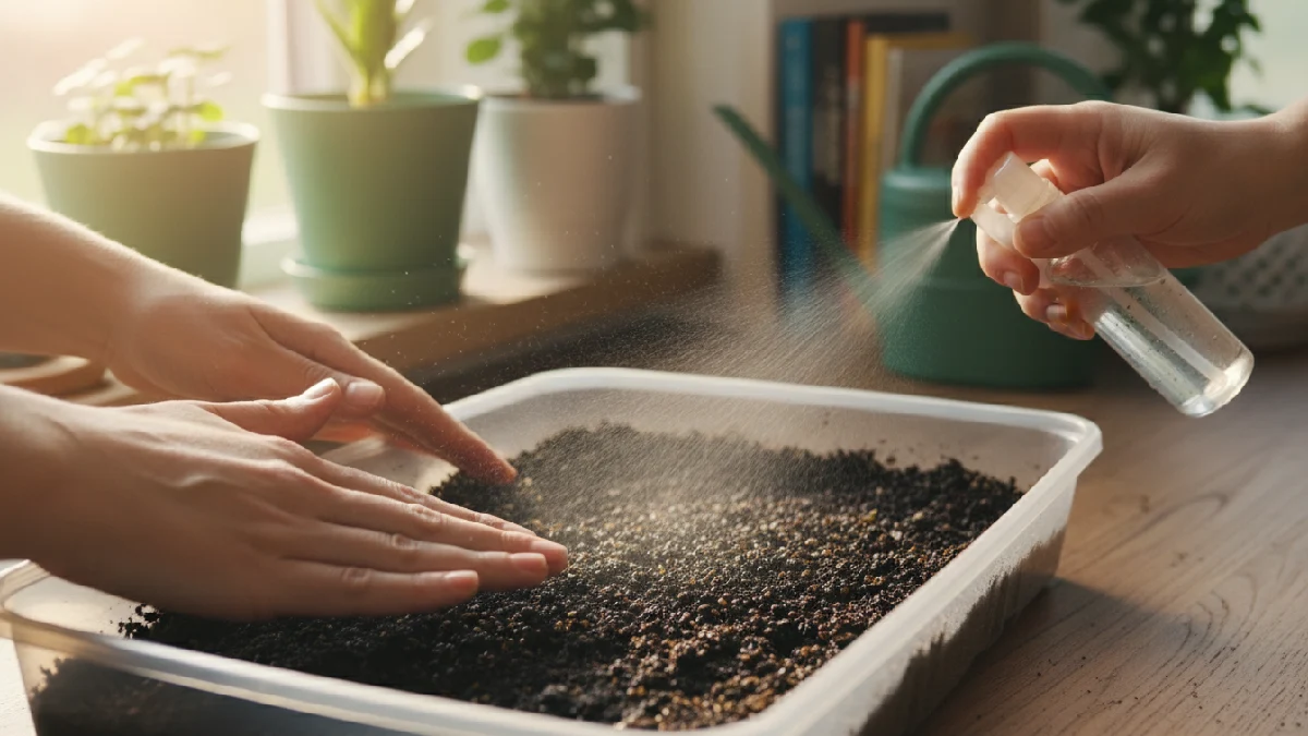 Evenly distribute microgreen seeds over moist soil in a shallow tray, lightly misted with water to support proper germination and prevent overcrowding during indoor growing. 