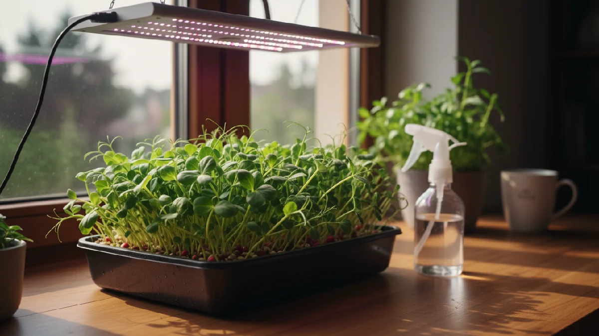 Indoor microgreens growing under natural sunlight and LED grow lights with proper watering, demonstrating ideal light exposure and moisture balance for strong stems and healthy leaves. 