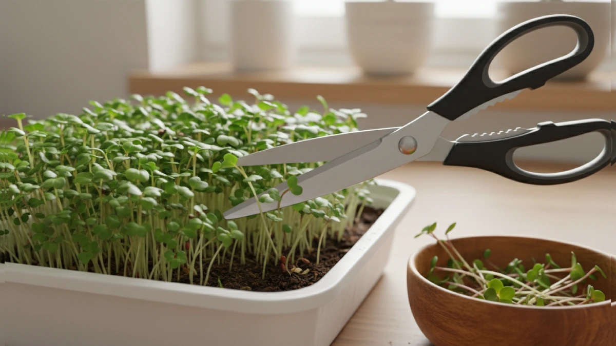 Fresh microgreens being cut with scissors just above the soil surface, showing proper harvesting method, bright green leaves, and ready-to-eat indoor-grown nutritious greens. 
