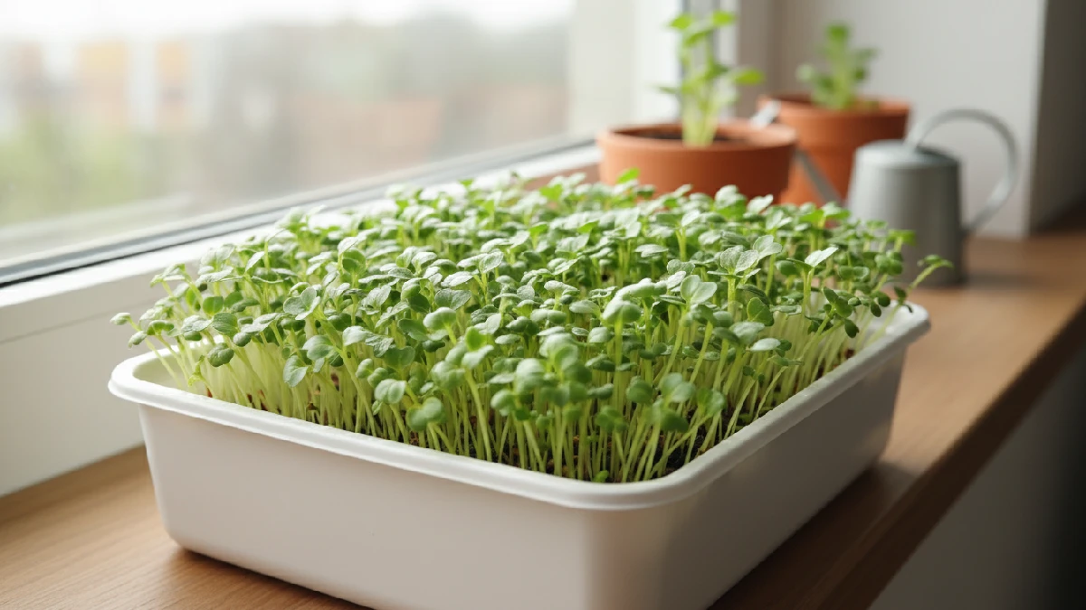 Close-up view of young microgreens growing indoors in a shallow tray, showing tender stems and soft green leaves, highlighting their early harvest stage and nutrient-rich homegrown freshness. 