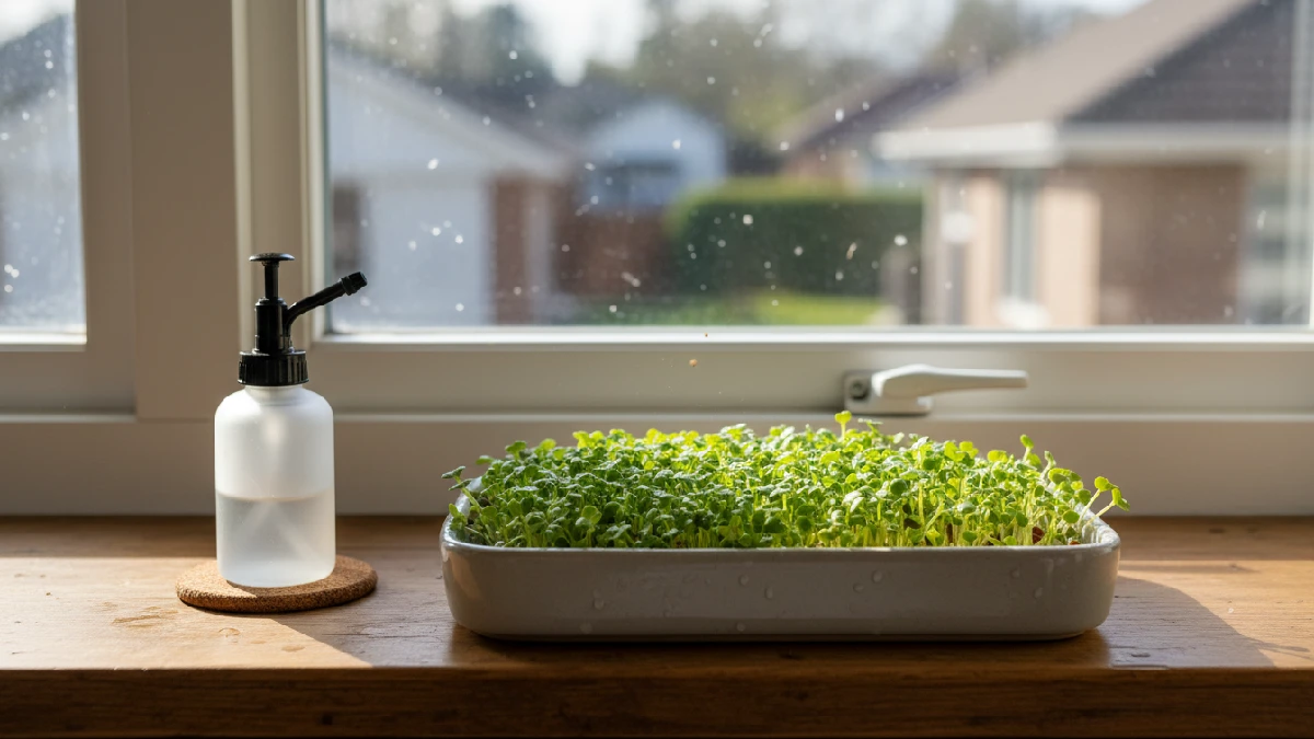 Tiny vibrant green microgreens growing in a shallow tray on a sunny kitchen windowsill, with a spray bottle nearby, showing fresh, lively indoor gardening. 