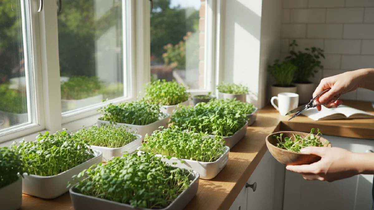 Person harvesting fresh microgreens from shallow trays on a sunny kitchen windowsill, showing vibrant green leaves and a simple indoor home growing setup for healthy, chemical-free food. 