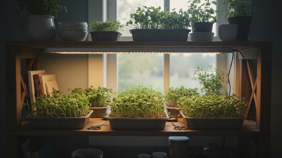 Year-round indoor microgreens growing on a kitchen shelf with LED lighting, showing fresh green leaves, easy home gardening, and constant harvest in any season. 