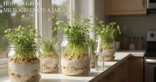 Bright kitchen windowsill displaying clear glass jars filled with vibrant radish and broccoli microgreens, showing roots and green leaves in different stages, illustrating How to Grow Microgreens in a Jar at home for beginners.