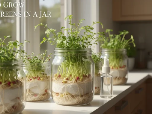 Bright kitchen windowsill displaying clear glass jars filled with vibrant radish and broccoli microgreens, showing roots and green leaves in different stages, illustrating How to Grow Microgreens in a Jar at home for beginners.