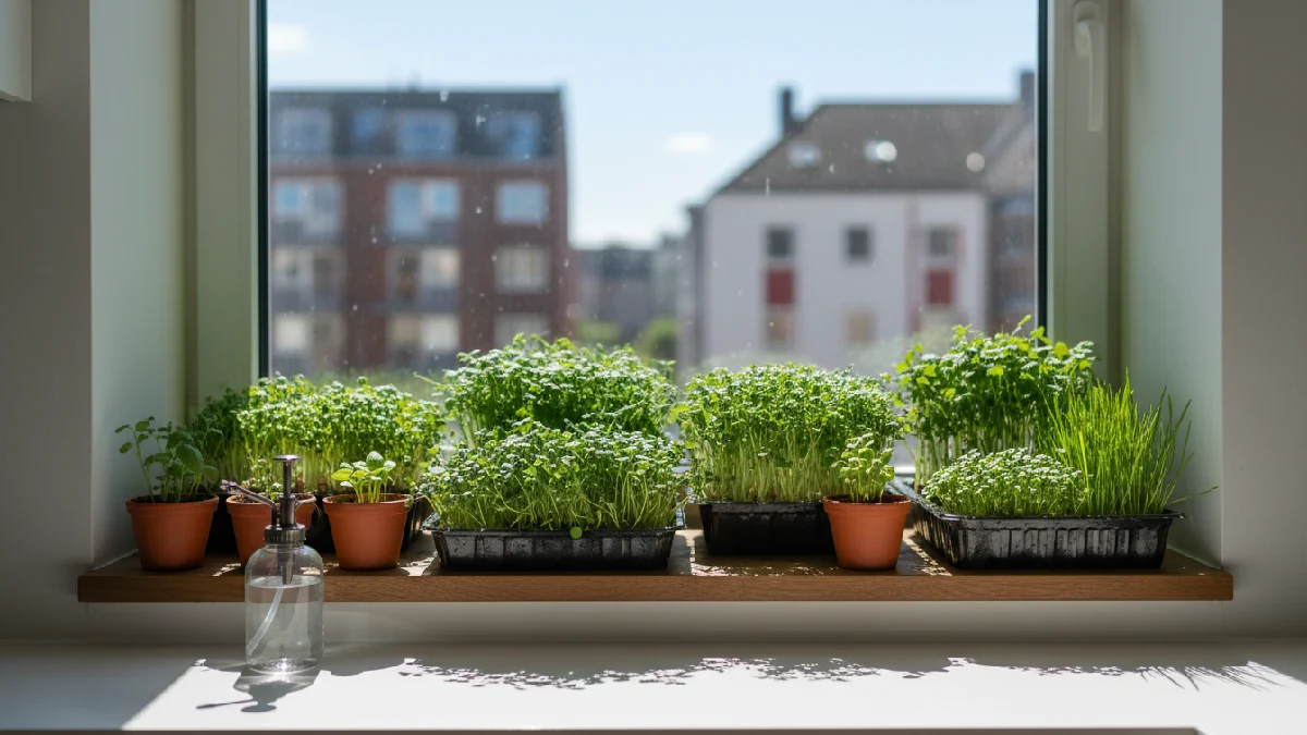 Microgreens growing in trays on a sunny apartment windowsill with city buildings in the background, showing a compact indoor urban gardening setup ideal for small spaces and beginners. 