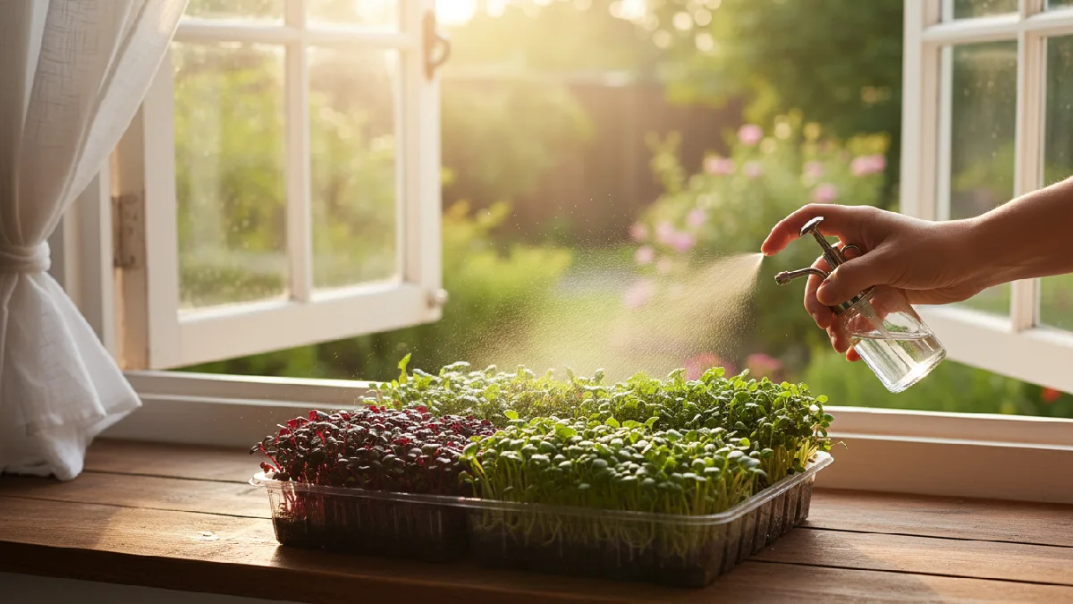 Tray of microgreens on a sunny windowsill, leaves stretching toward light, spray bottle misting water, gentle airflow visible, small indoor space optimized for healthy growth.