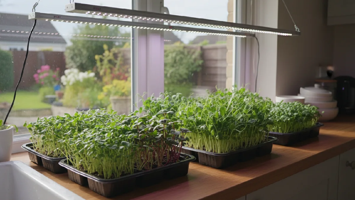 Indoor microgreens growing in shallow trays with morning sunlight and LED grow lights, showing bright green leaves stretching naturally, highlighting optimal light conditions for beginners. 