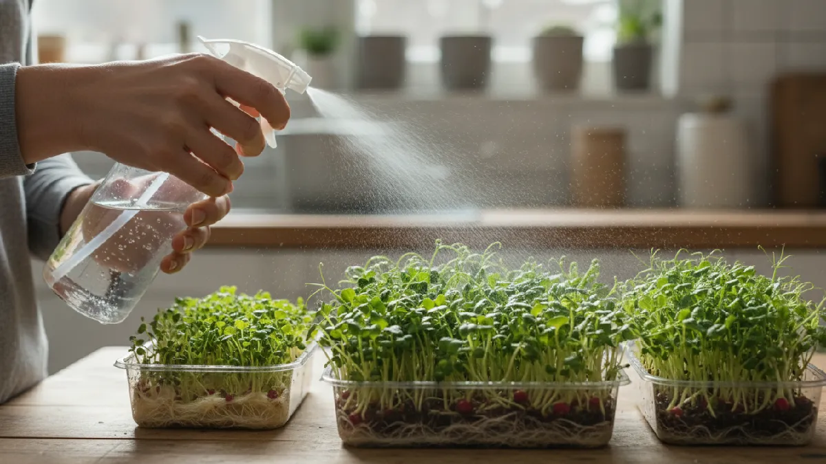 Person gently misting tiny microgreens in shallow trays using a spray bottle indoors, showing healthy green leaves and water droplets on plants. 