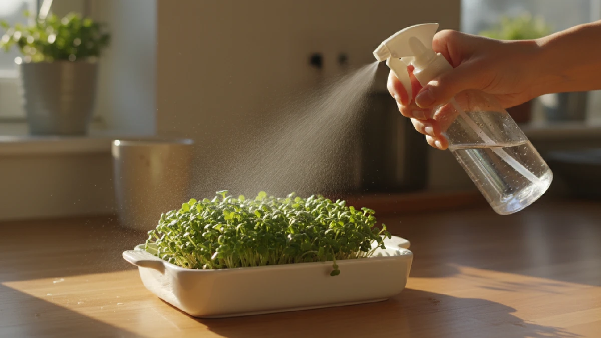 A spray bottle gently mists tiny green microgreens in a shallow tray on a kitchen counter, showing watering tools for home indoor gardening.