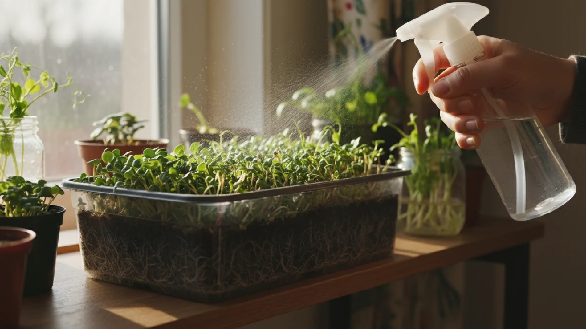 Tray of microgreens being gently misted with water, roots growing in moist soil, sunlight softly illuminating leaves, indoor gardening setup showing healthy growth.