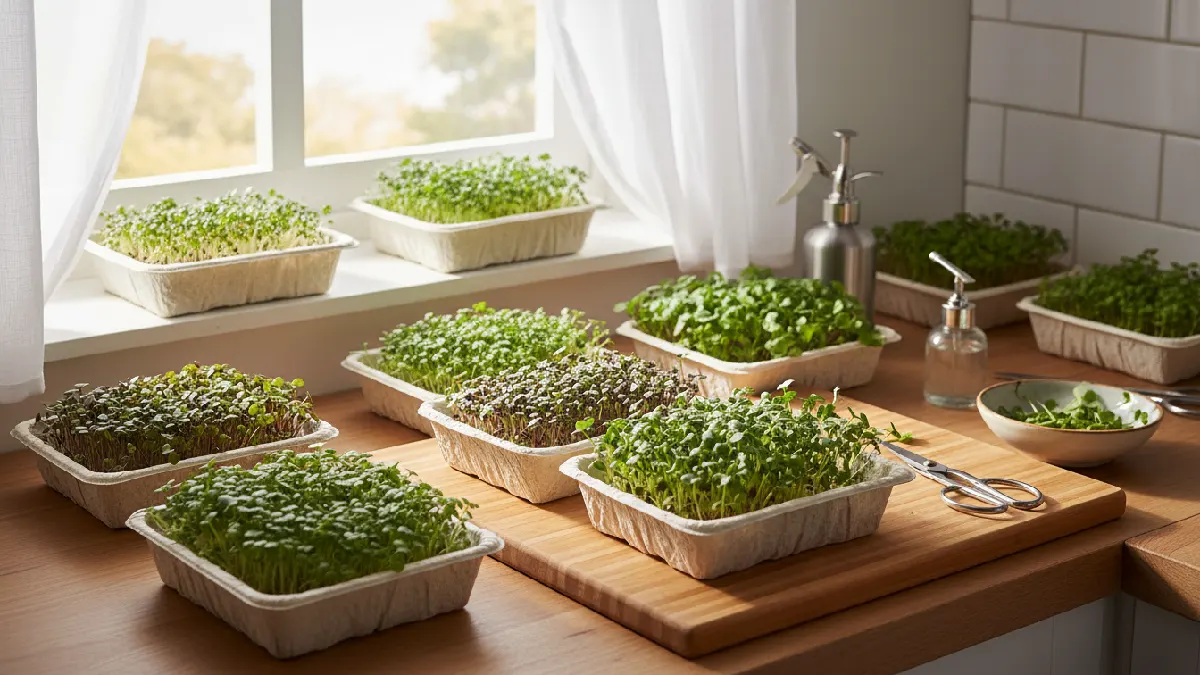Small trays of microgreens growing on a kitchen windowsill and counter, highlighting low cost, minimal space use, easy maintenance, and fresh, healthy leaves at home. 