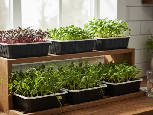 Growing microgreens at home in shallow trays on a kitchen counter using natural sunlight, showing fresh radish, broccoli, sunflower, and pea microgreens for beginners.