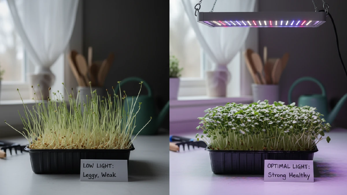 Microgreens tray showing leggy growth with thin, weak stems caused by insufficient light, compared with healthy microgreens grown near a window or under LED light for proper indoor growing conditions.