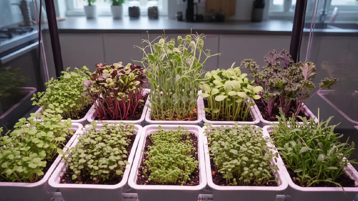 Multiple trays of microgreens varieties including broccoli, radish, pea shoots, sunflower, kale, and arugula, showing diversity, fast growth, and indoor gardening suitability.