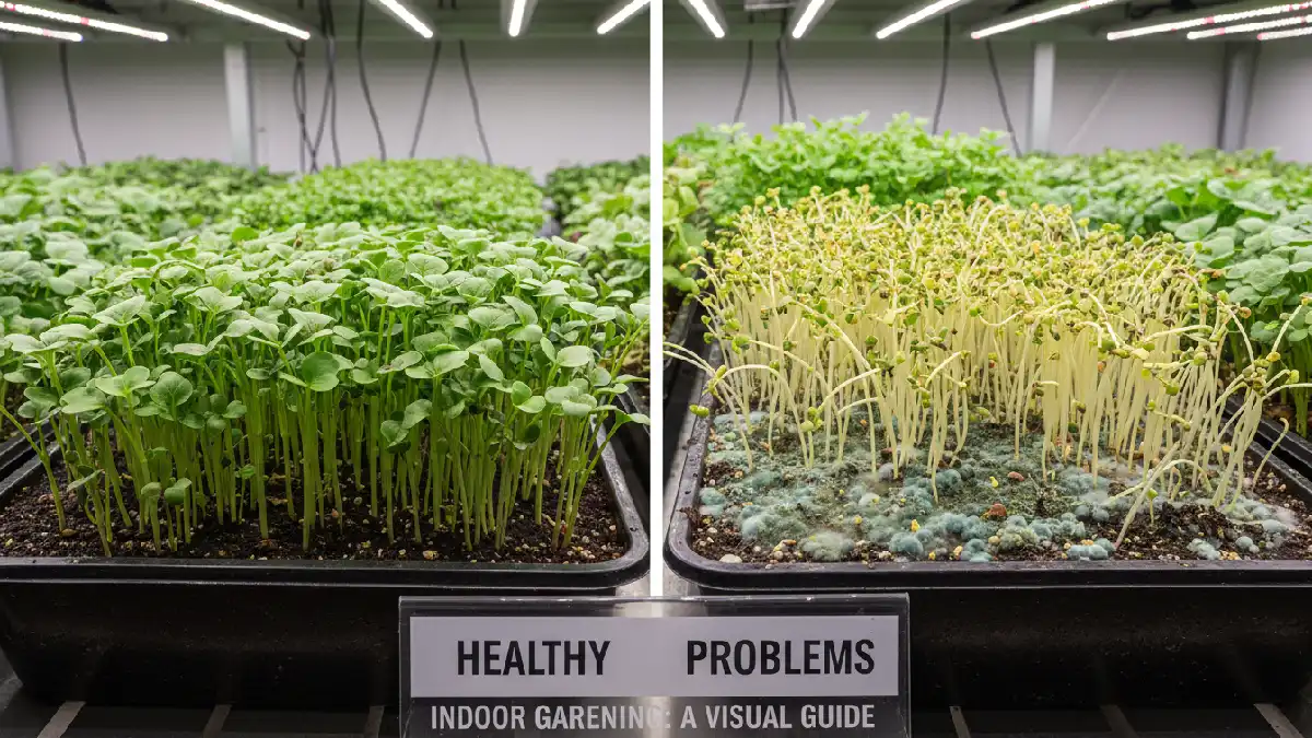 Indoor microgreens trays showing common growing mistakes such as overwatering, mold, poor light, and overcrowding compared with healthy growth examples.
