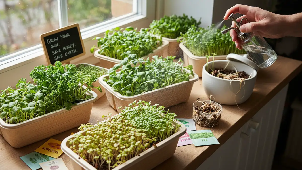 Indoor kitchen setup showing reusable microgreens trays with fresh green leaves, minimal water use, tiny seeds being planted, and leftover roots composted, highlighting cost efficiency, low waste, and sustainable home gardening practices. 