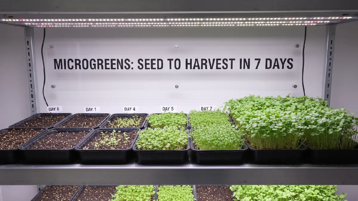 Microgreens growing in trays showing fast development from seeds to harvest within seven to fourteen days, highlighting quick results and beginner-friendly indoor gardening.