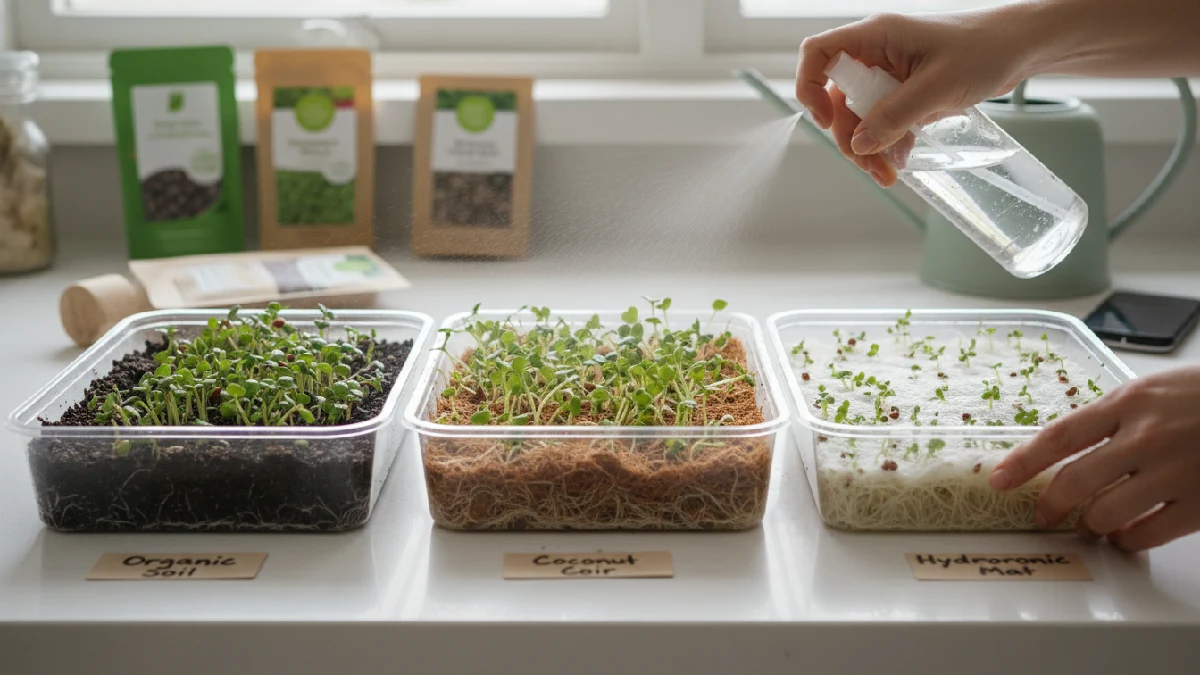 Indoor microgreens trays showing three types of growing media, organic soil, coconut coir, and hydroponic mats, with tiny shoots sprouting and roots spreading, demonstrating beginner-friendly, versatile planting methods.