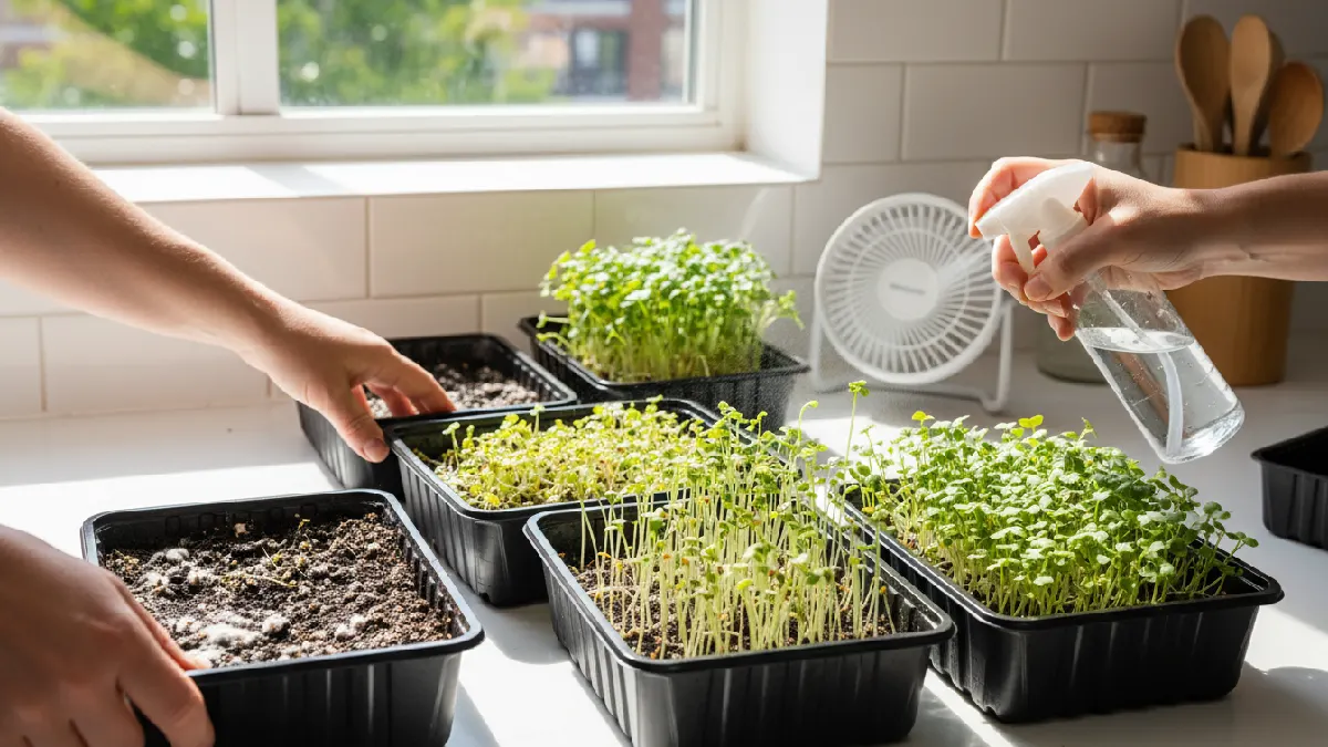 Indoor microgreens trays display common issues like mold, yellow leaves, leggy sprouts, and overcrowded seeds, while hands adjust light, mist gently, and clean trays, demonstrating troubleshooting and care solutions for beginners. 