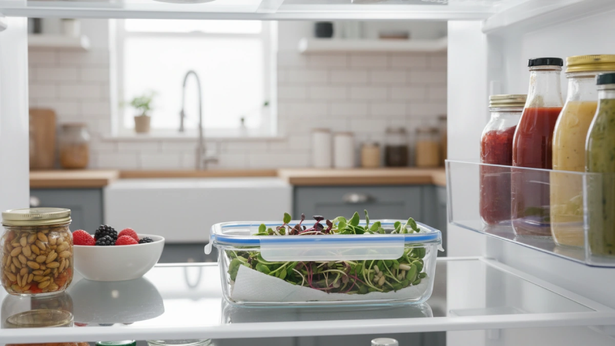 Fresh microgreens stored in an airtight container with paper towel inside the refrigerator, showing proper storage technique to keep leaves crisp and nutritious.